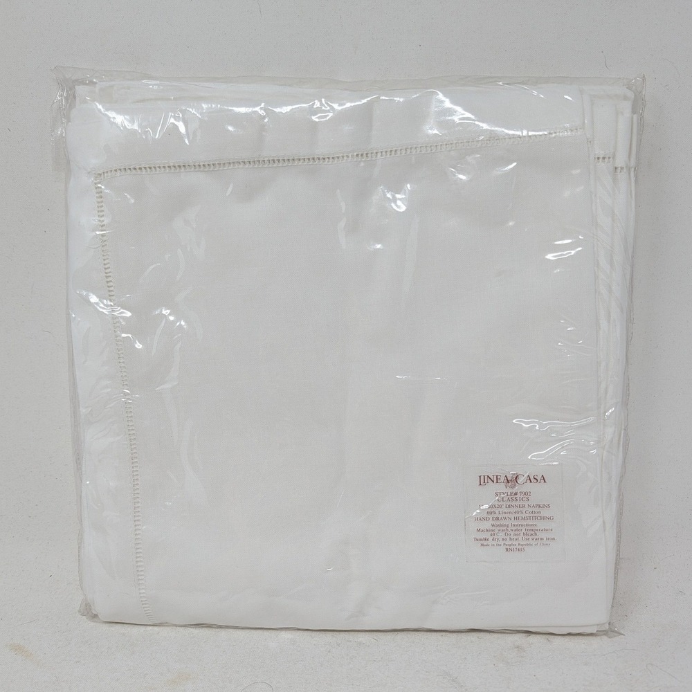 Linea Casa 12 Pack White Linen Cotton Dinner Napkins 20x20 Hand Drawn Hemstitch